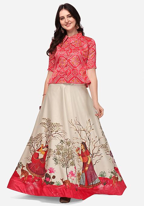 Red Digital Print Satin Lehenga Set