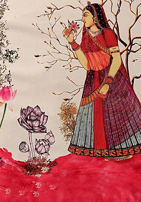 Red Digital Print Satin Lehenga Set