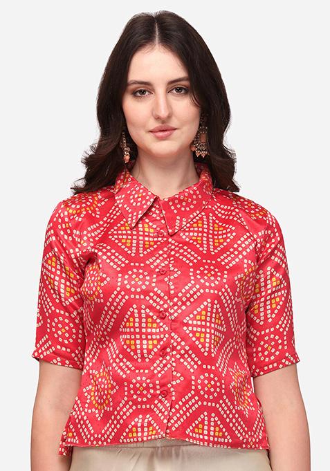 Red Digital Print Satin Lehenga Set