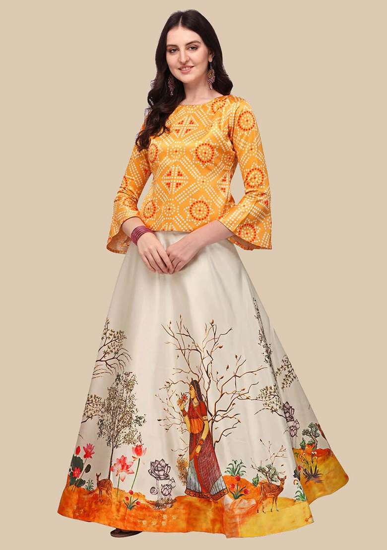 Yellow Blend Satin Silk Lehenga Set with Digital Print for Diwali | Wedding & Festive Wear - Indya