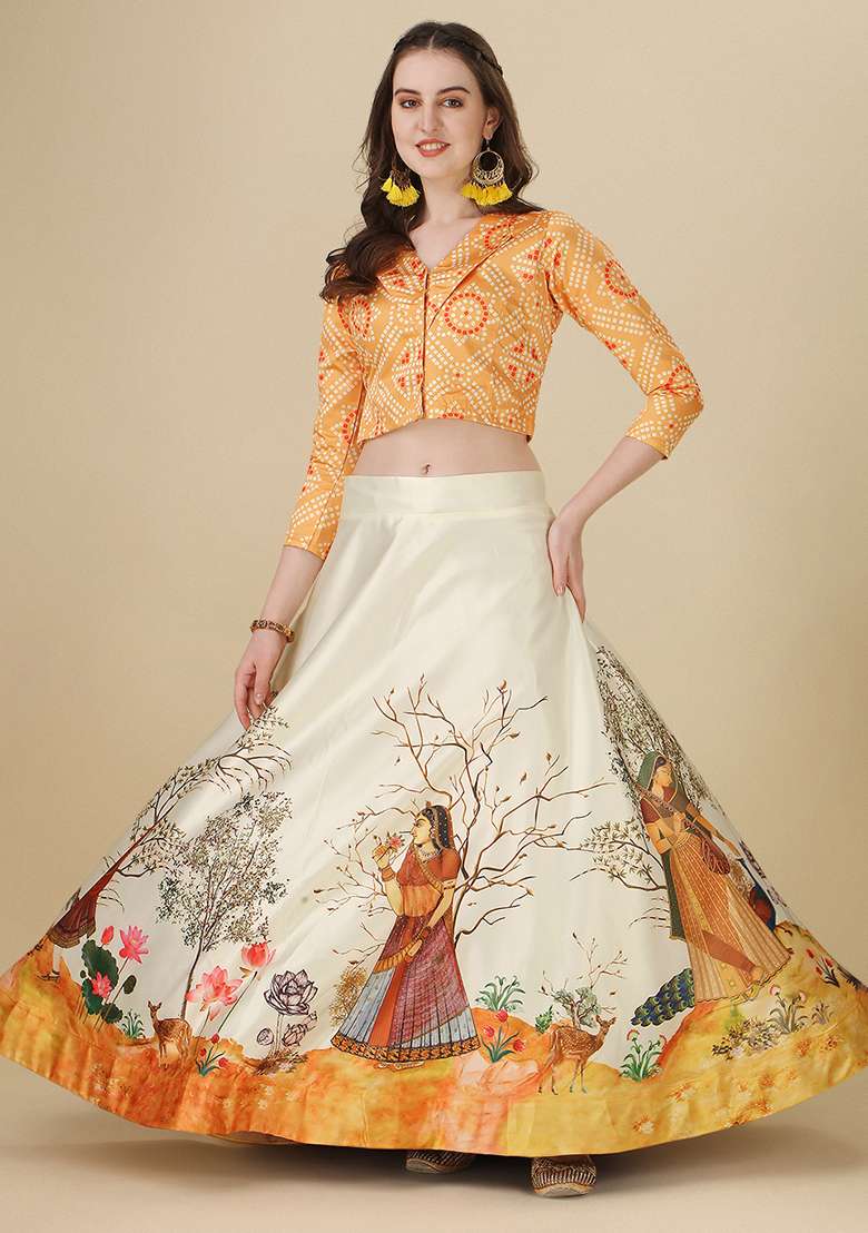 Yellow Blend Satin Silk Lehenga Set with Digital Print for Diwali | Wedding & Festive Wear - Indya