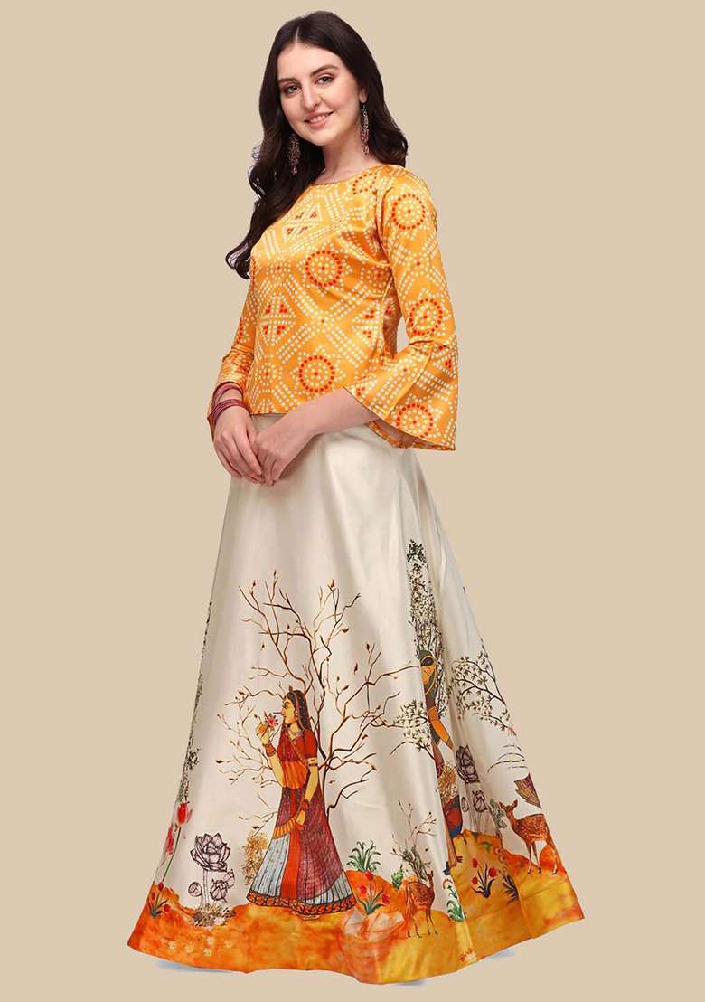 Yellow Blend Satin Silk Lehenga Set with Digital Print for Diwali | Wedding & Festive Wear - Indya