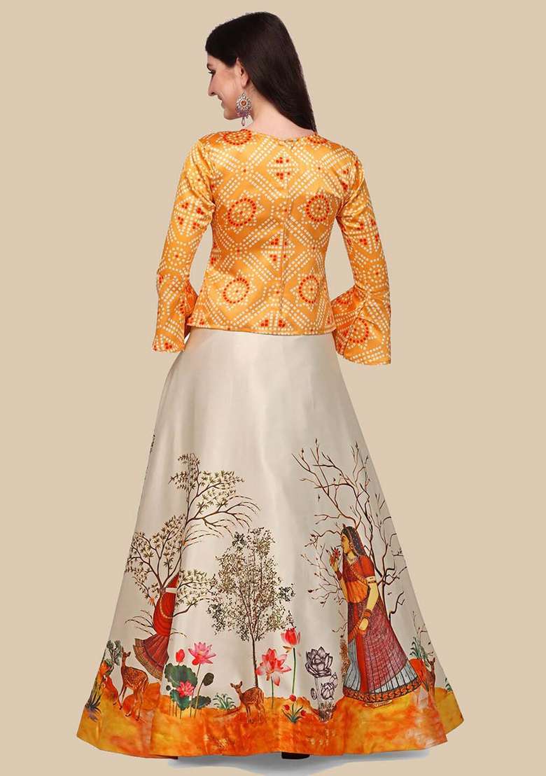 Yellow Blend Satin Silk Lehenga Set with Digital Print for Diwali | Wedding & Festive Wear - Indya