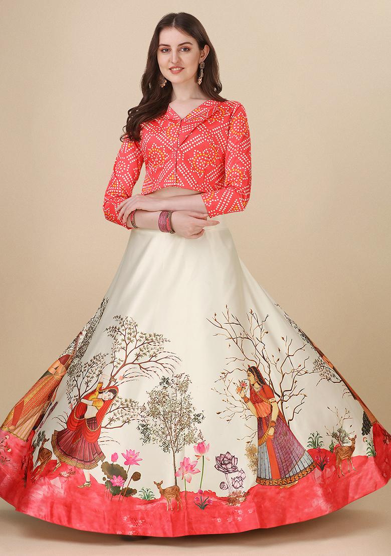 Red Printed Satin Silk Lehenga Set