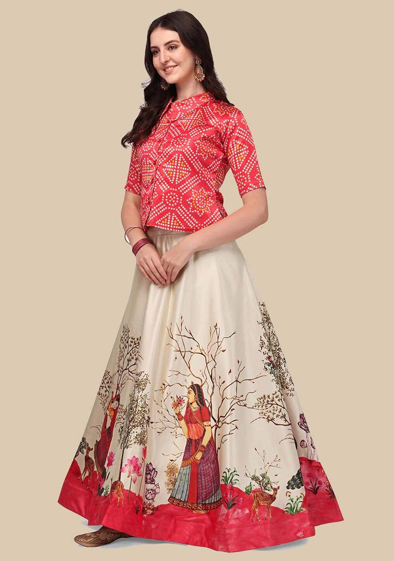 Red Printed Satin Silk Lehenga Set