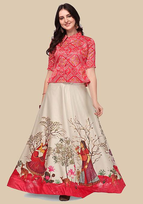 Red Printed Satin Silk Lehenga Set