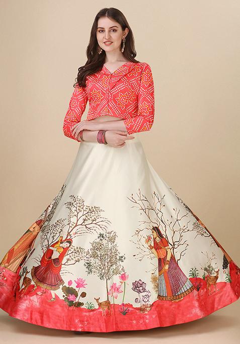 Red Printed Satin Silk Lehenga Set