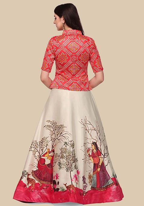 Red Printed Satin Silk Lehenga Set