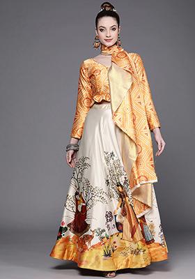 Yellow Printed Satin Silk Lehenga Set