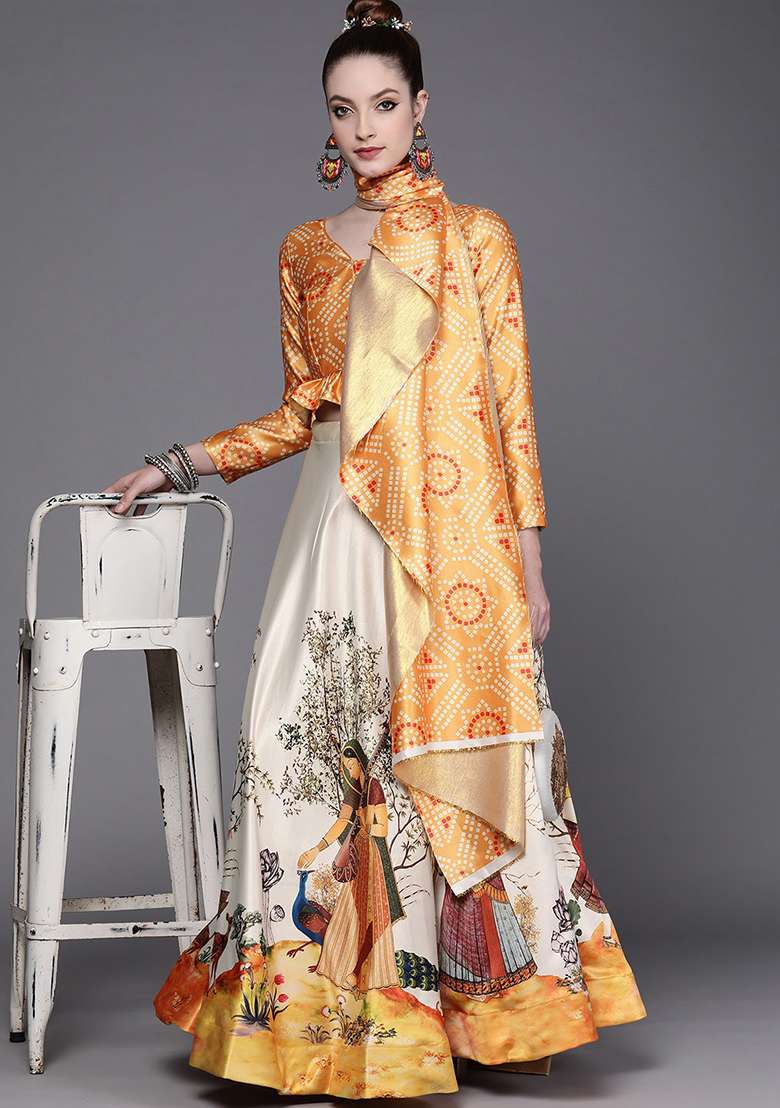 Yellow Blend Satin Silk Lehenga Set with Printed for Diwali | Wedding & Festive Wear - Indya