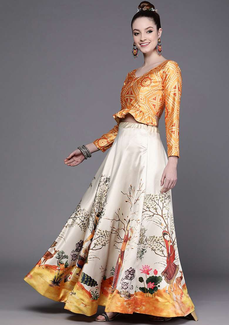 Yellow Blend Satin Silk Lehenga Set with Printed for Diwali | Wedding & Festive Wear - Indya