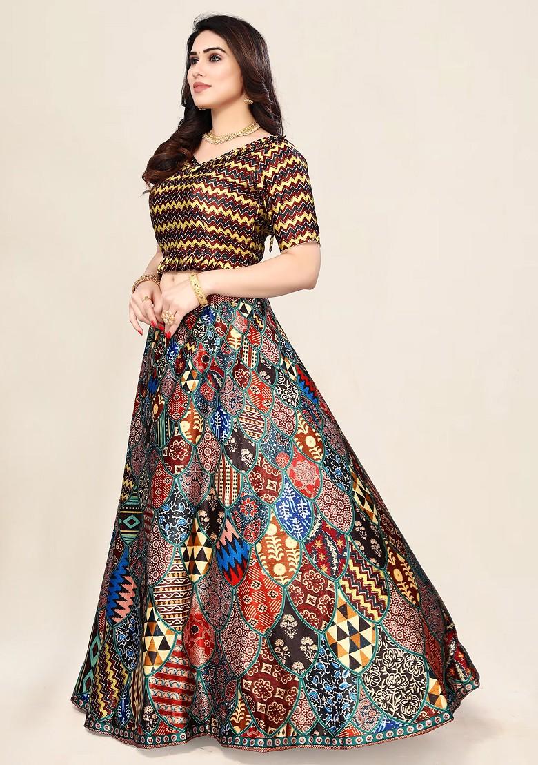 Multicolor Digital Print Satin Silk Lehenga Set