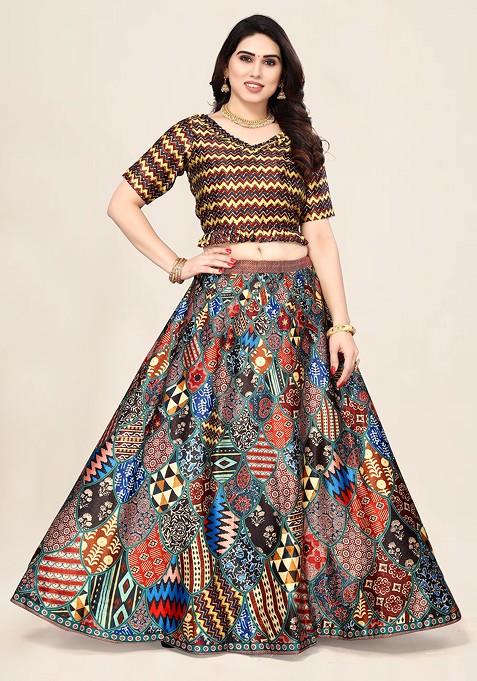 Multicolor Digital Print Satin Silk Lehenga Set