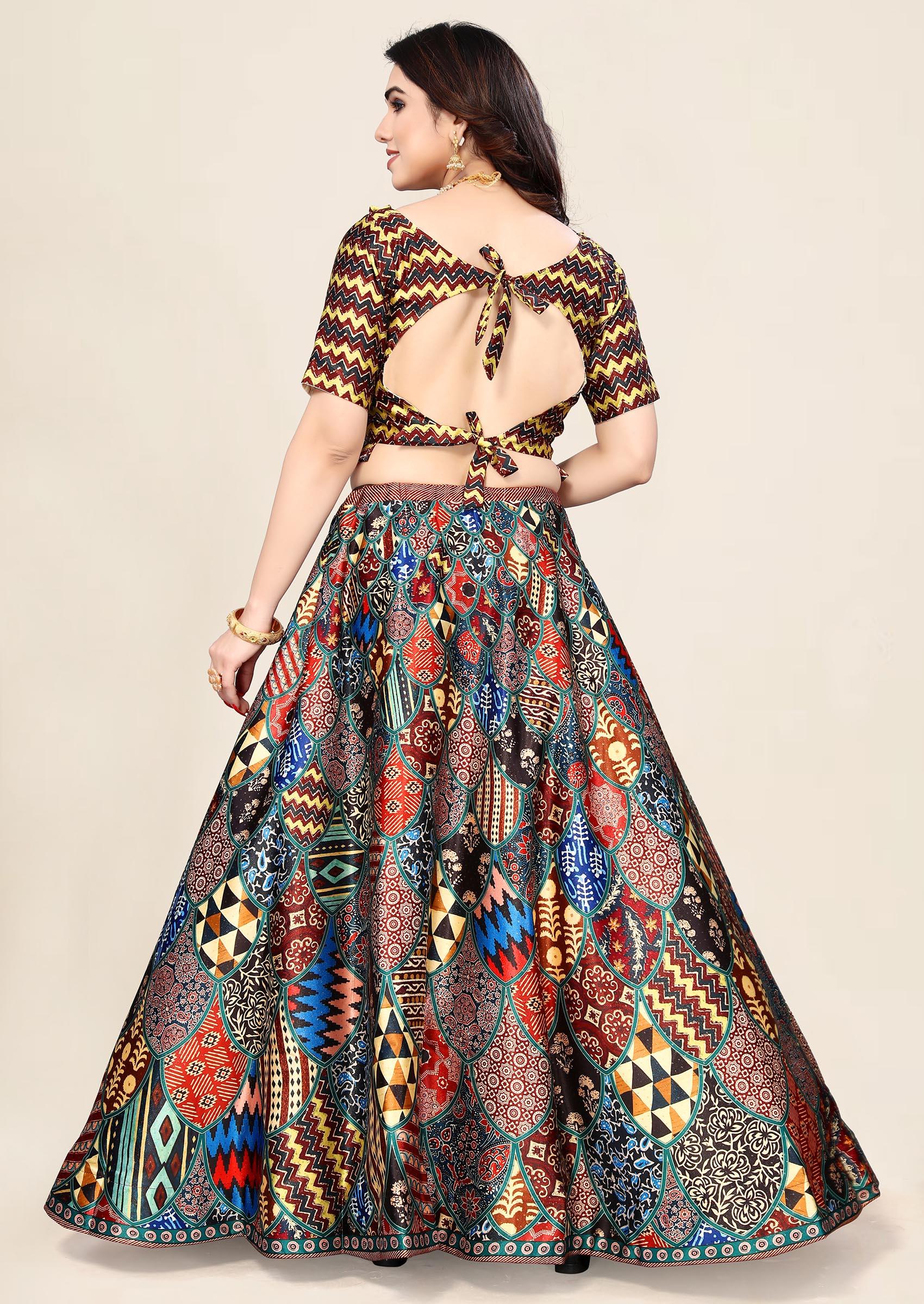 Multicolor Digital Print Satin Silk Lehenga Set