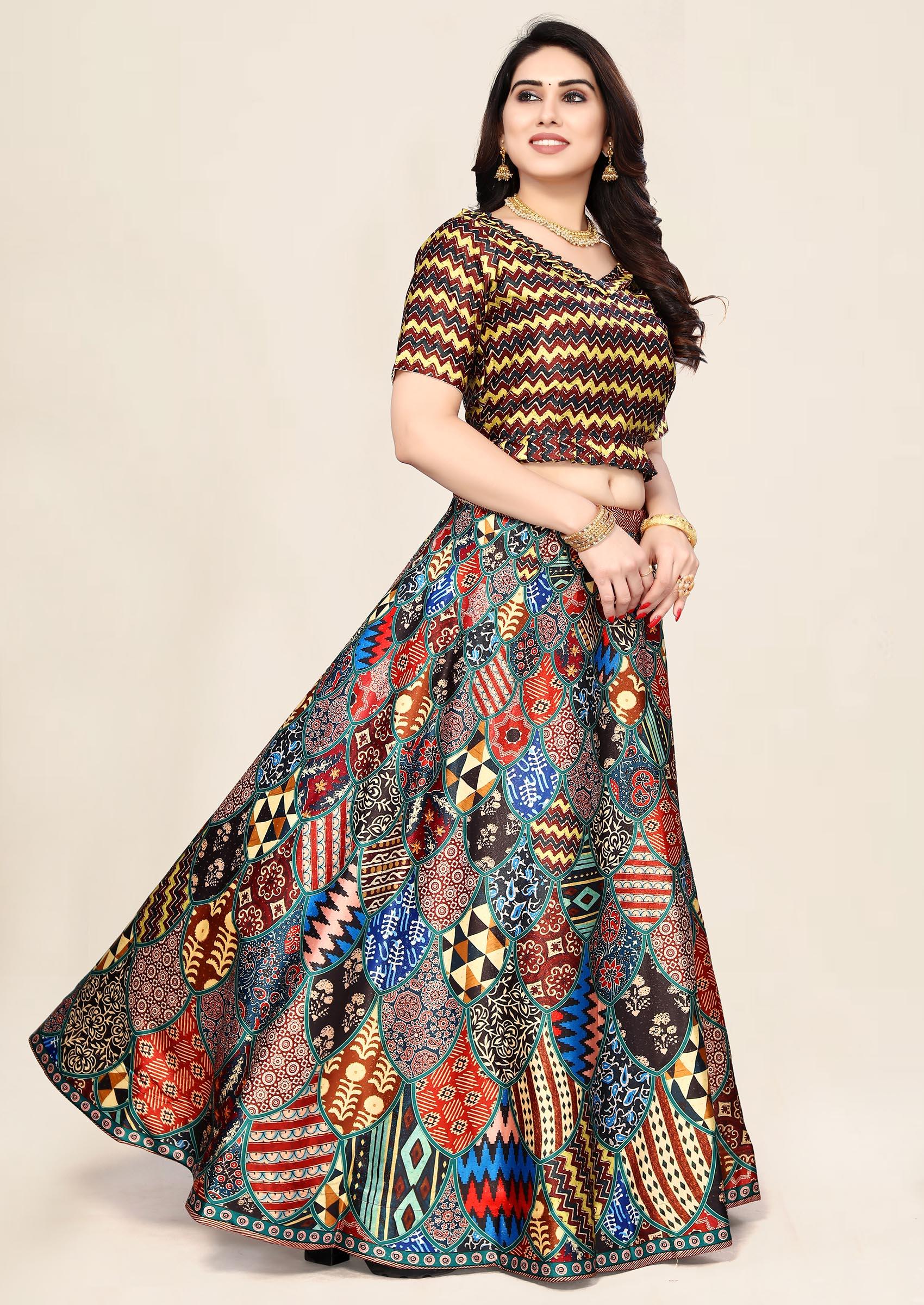Multicolor Digital Print Satin Silk Lehenga Set