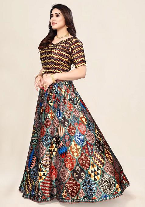 Multicolor Digital Print Satin Silk Lehenga Set
