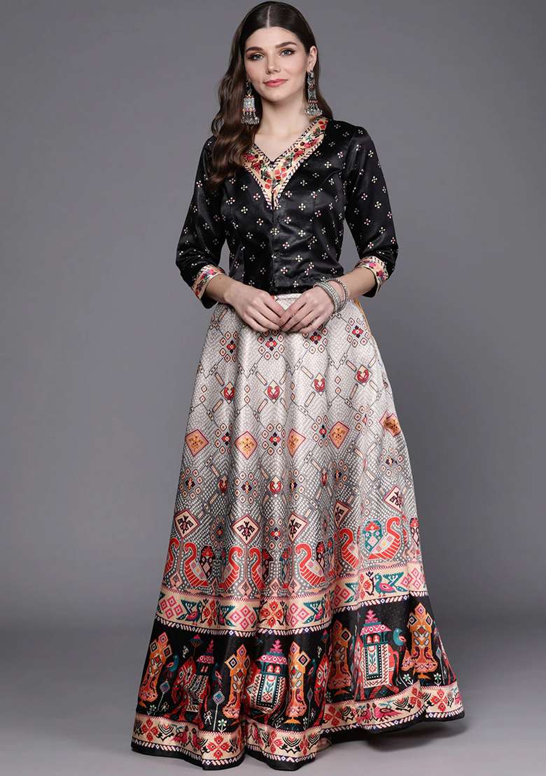 Black Blend Satin Silk Lehenga Set with Digital Print for Diwali | Wedding & Festive Wear - Indya