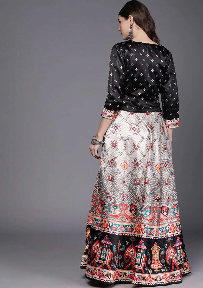 Black Blend Satin Silk Lehenga Set with Digital Print for Diwali | Wedding & Festive Wear - Indya