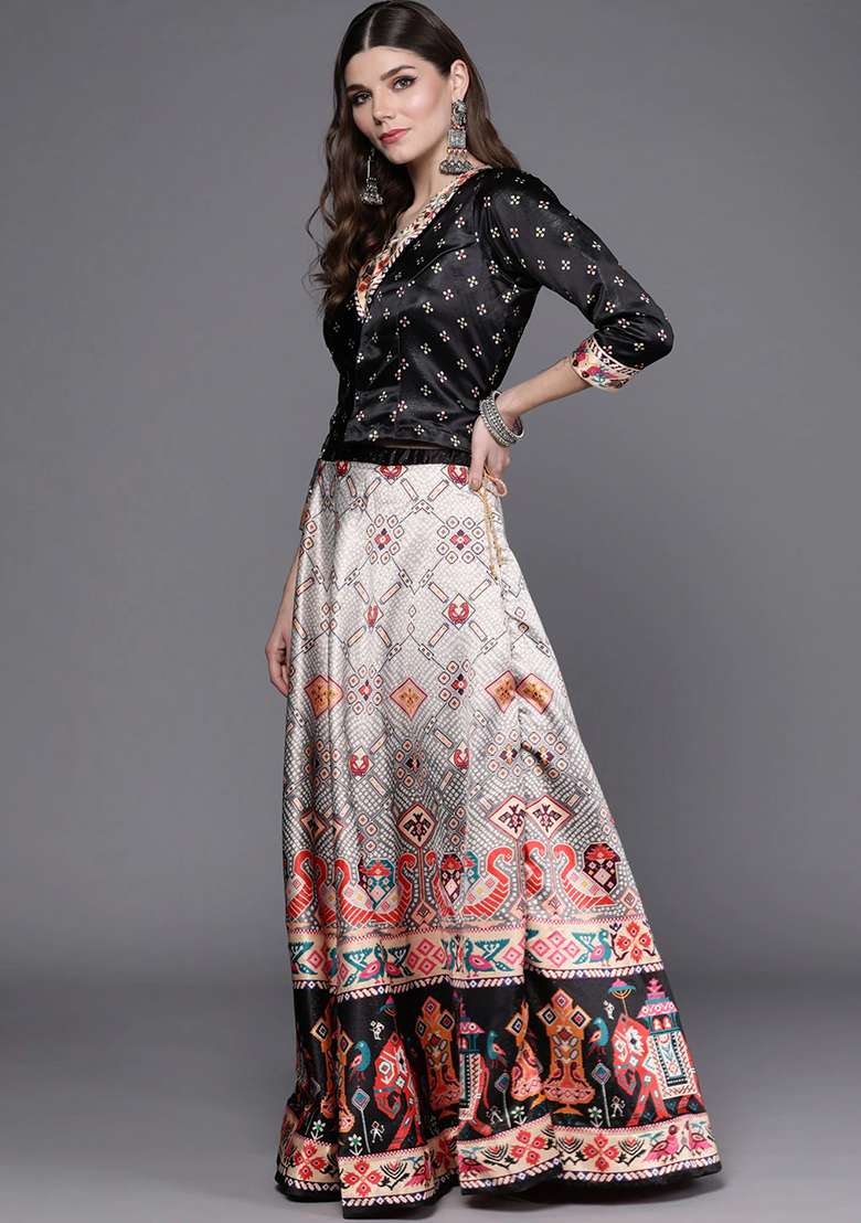 Black Blend Satin Silk Lehenga Set with Digital Print for Diwali | Wedding & Festive Wear - Indya