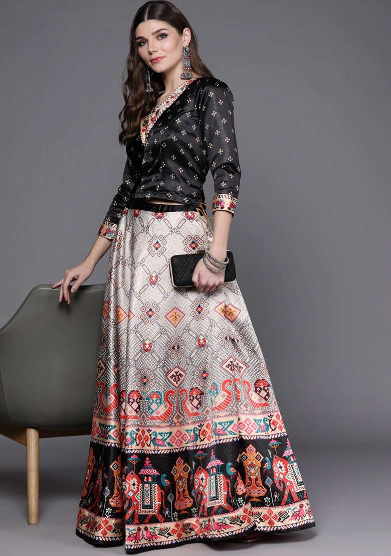Black Blend Satin Silk Lehenga Set with Digital Print for Diwali | Wedding & Festive Wear - Indya