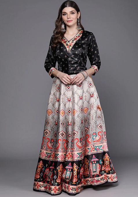 Black Digital Print Satin Silk Lehenga Set