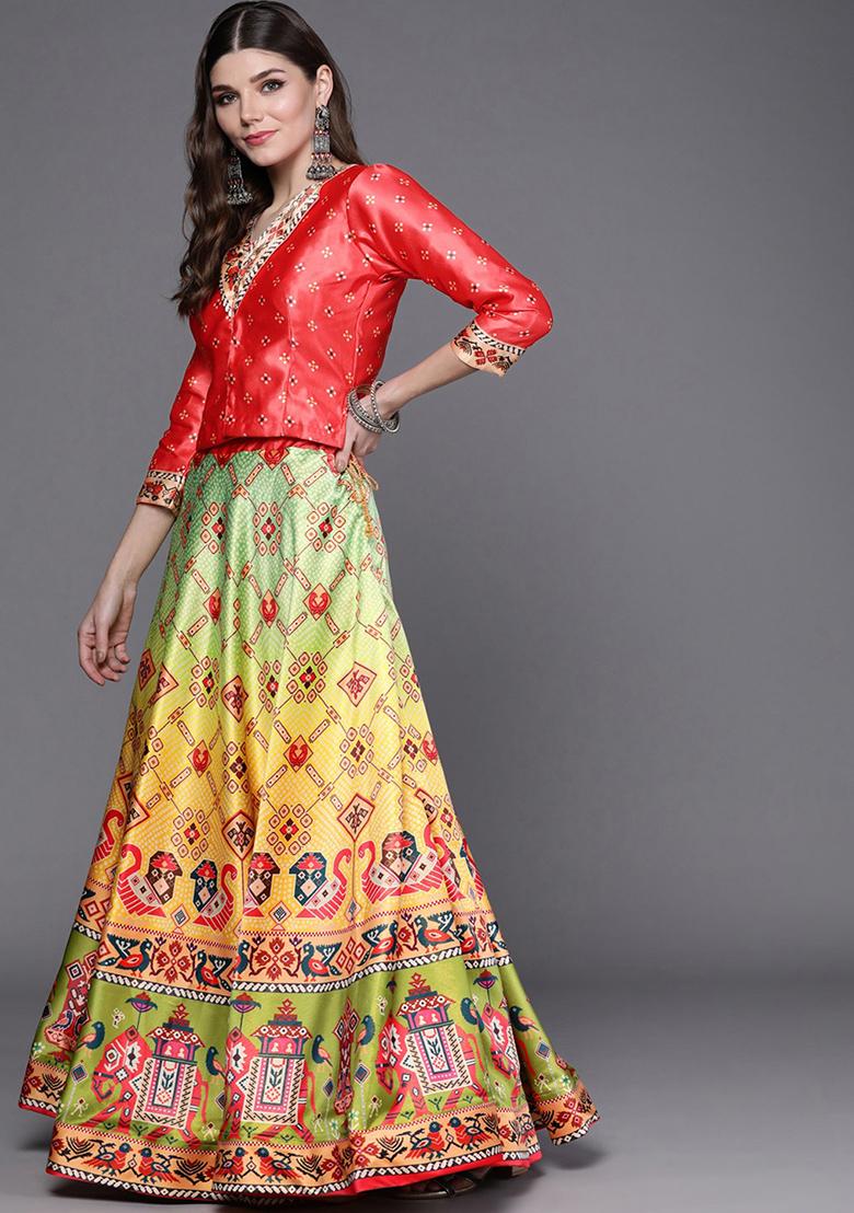 Gajari Satin Printed Lehenga Set