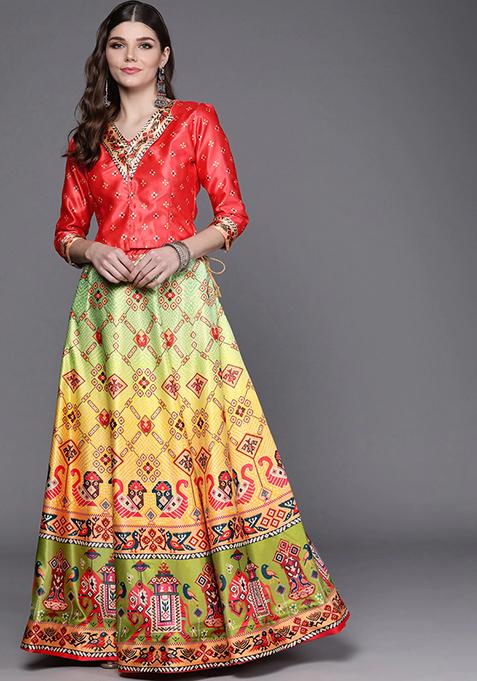 Gajari Satin Printed Lehenga Set