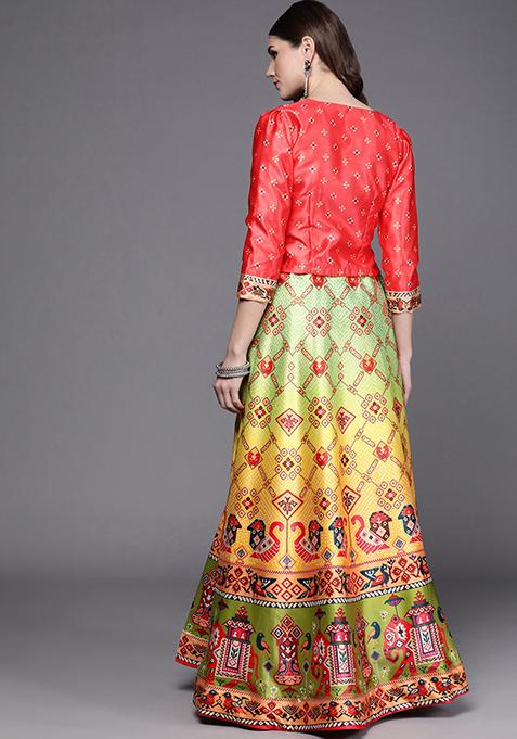 Gajari Satin Printed Lehenga Set
