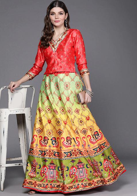 Gajari Satin Printed Lehenga Set
