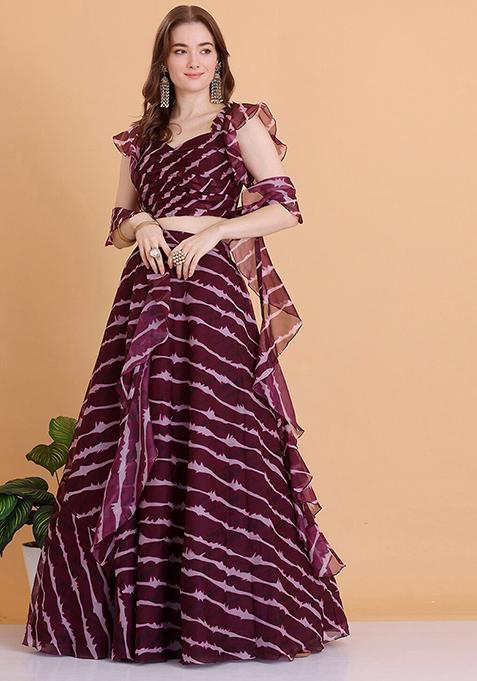 Wine Digital Print Organza Lehenga Set