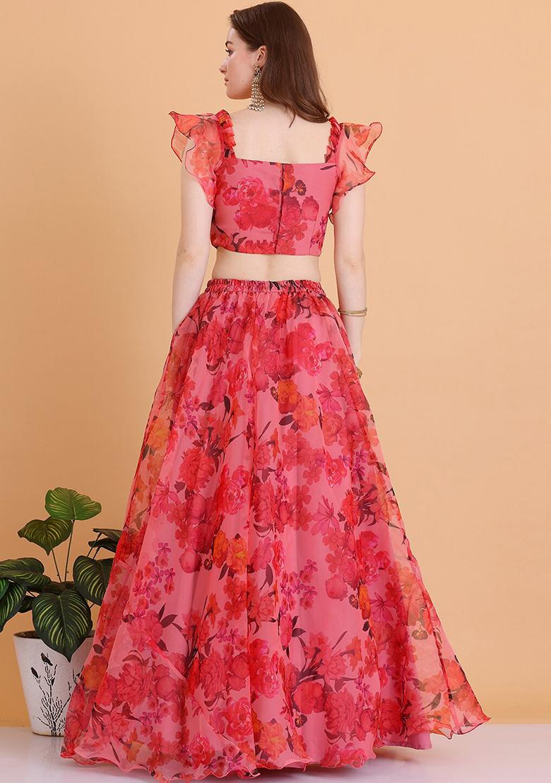 Pink Digital Print Organza Lehenga Set