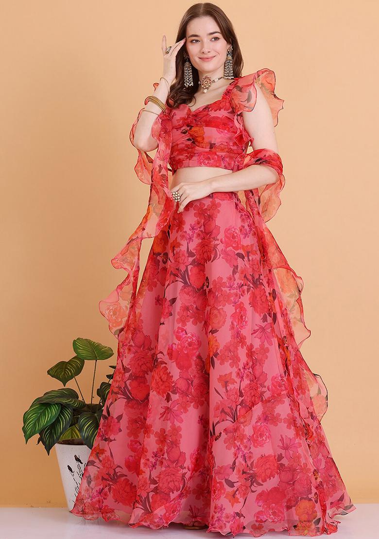 Pink Digital Print Organza Lehenga Set