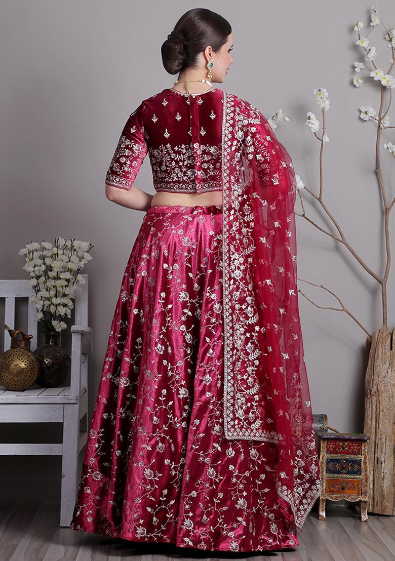 Pink Embroidered Velvet Lehenga Set
