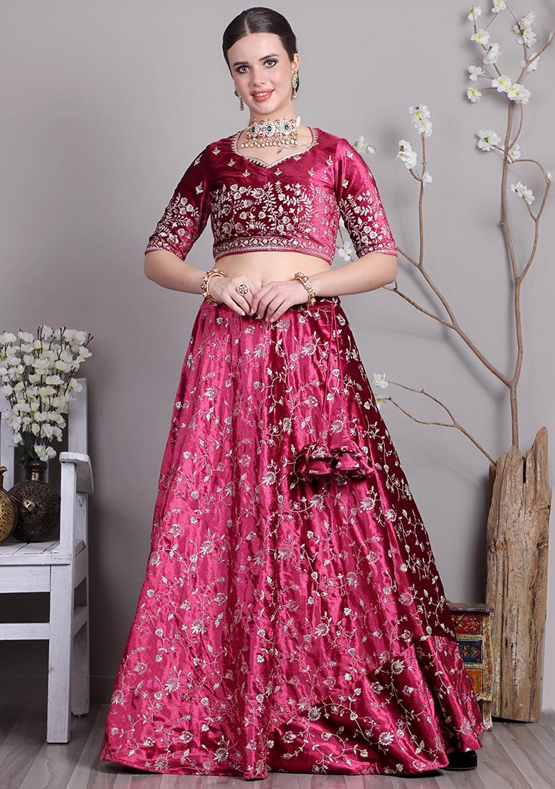 Pink Embroidered Velvet Lehenga Set