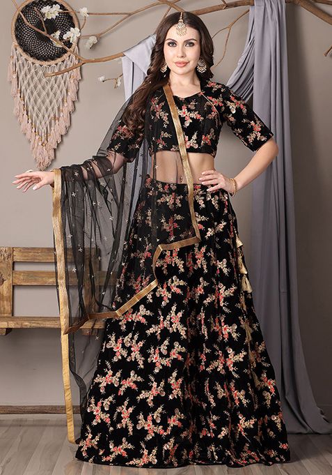 Black Embroidered Velvet Lehenga Set