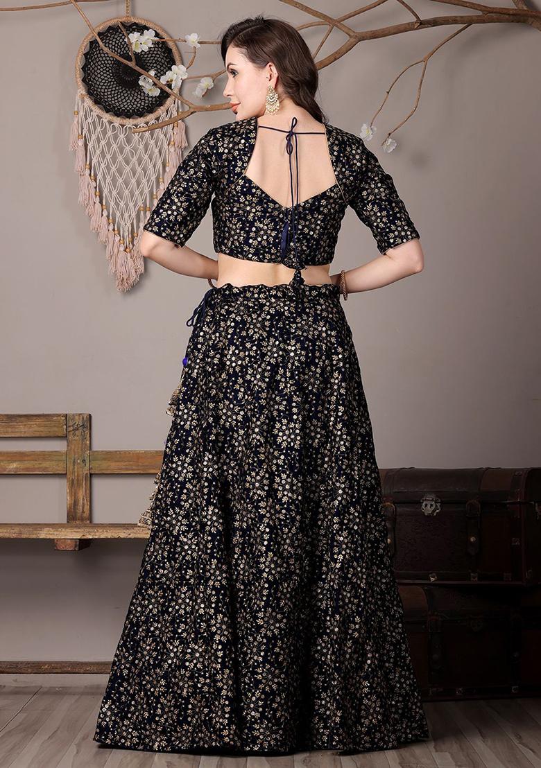 Navy Blue Embroidered Velvet Lehenga Set - Indya