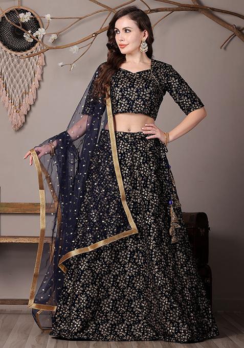 Navy Blue Embroidered Velvet Lehenga Set