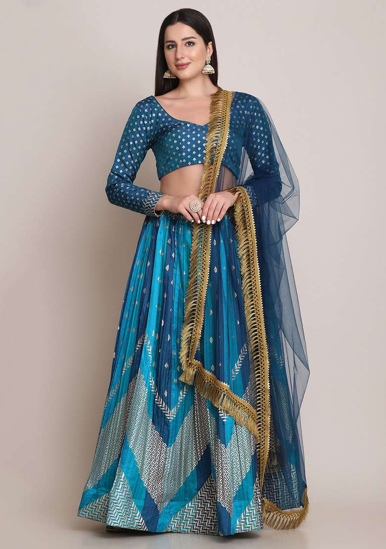 Rama Blue Zari Woven Silk Blend Lehenga Set for Diwali | Wedding & Festive Wear - Indya