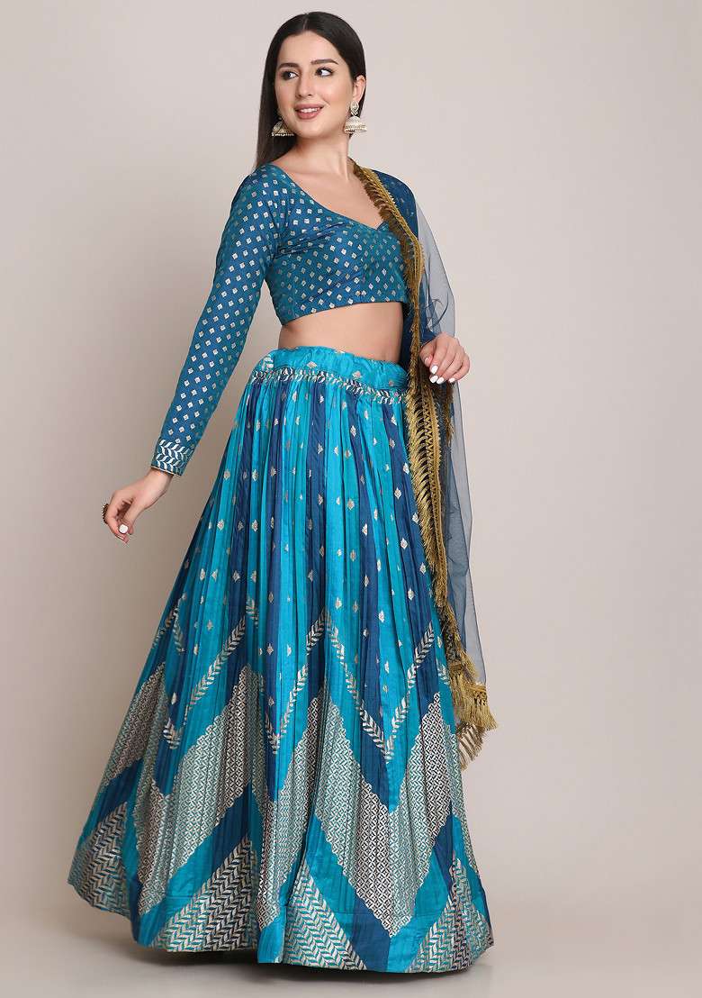 Rama Blue Zari Woven Silk Blend Lehenga Set for Diwali | Wedding & Festive Wear - Indya