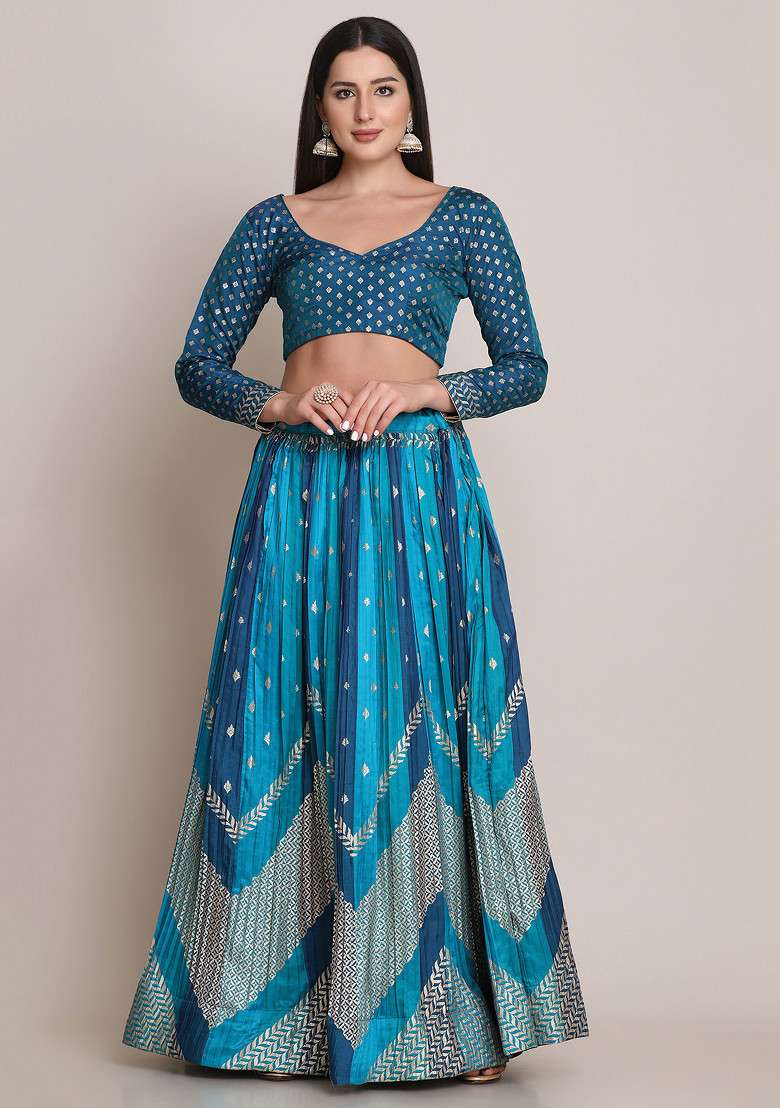Rama Blue Zari Woven Silk Blend Lehenga Set for Diwali | Wedding & Festive Wear - Indya
