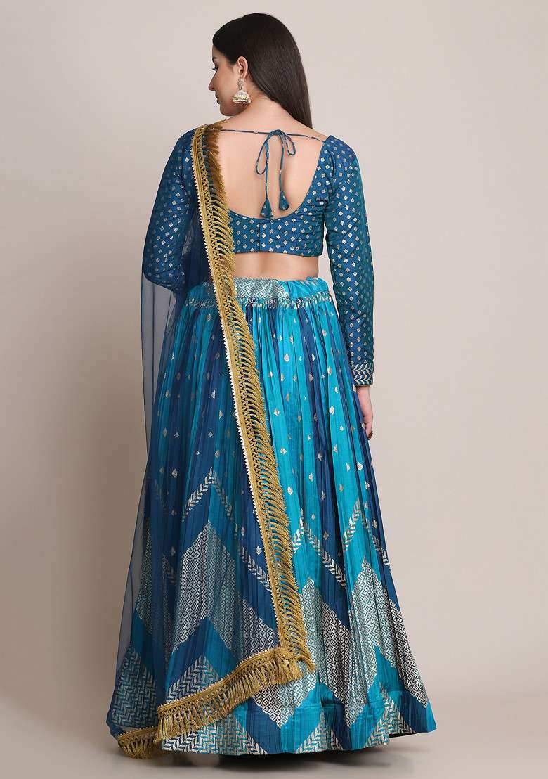 Rama Blue Zari Woven Silk Blend Lehenga Set for Diwali | Wedding & Festive Wear - Indya