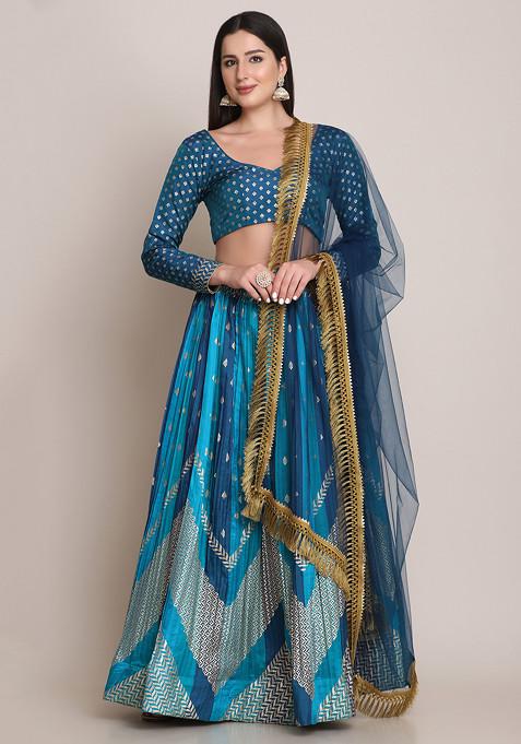 Rama Blue Zari Woven Silk Blend Lehenga Set