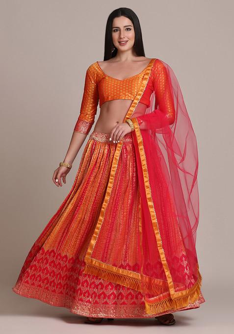 Pink Woven Design Silk Blend Lehenga Set