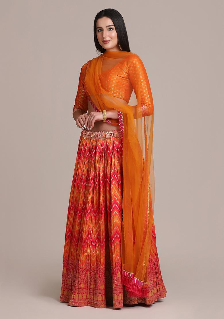 Orange Zari Woven Silk Blend Lehenga Set