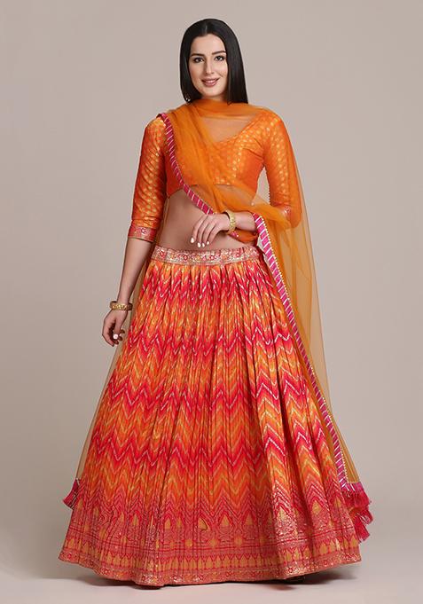 Orange Zari Woven Silk Blend Lehenga Set