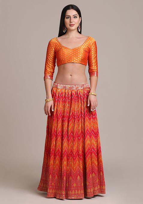 Orange Zari Woven Silk Blend Lehenga Set
