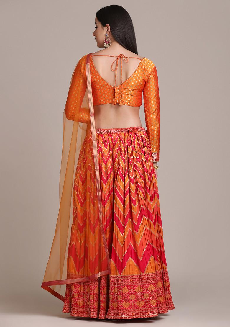 Orange Zari Woven Silk Lehenga Set - Indya