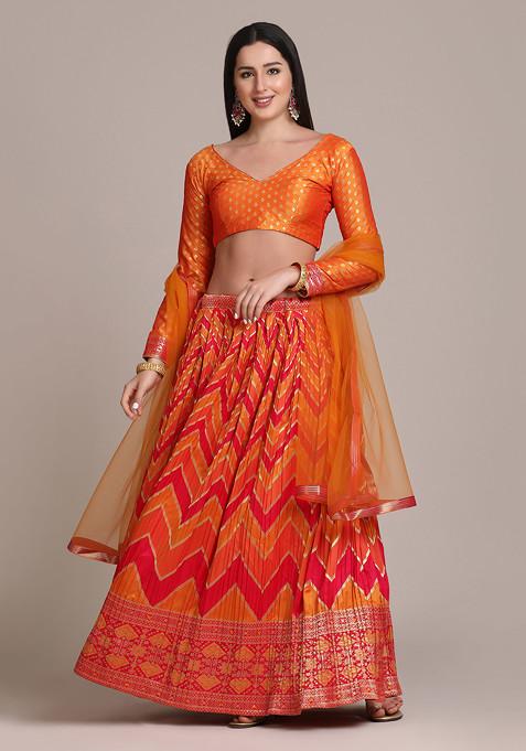 Orange Zari Woven Silk Lehenga Set