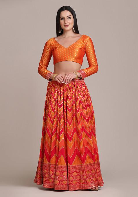 Orange Zari Woven Silk Lehenga Set