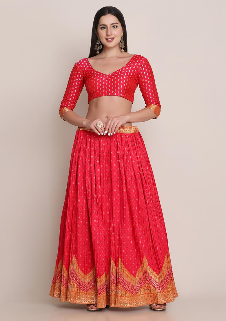 Pink Zari Woven Silk Blend Lehenga Set